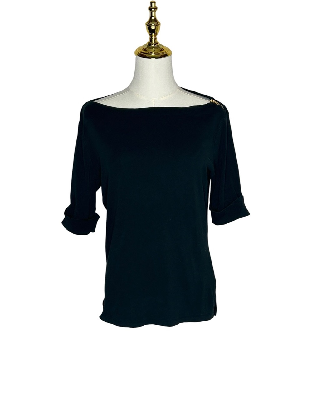 Lauren Ralph Lauren Old Money Black Boatneck 3/4 Shoulder Zip Top Sz M Preppy